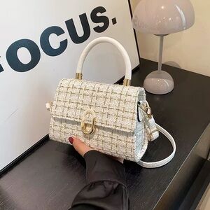 Elegant White Tweed Top-Handle Satchel - Gold Hardware